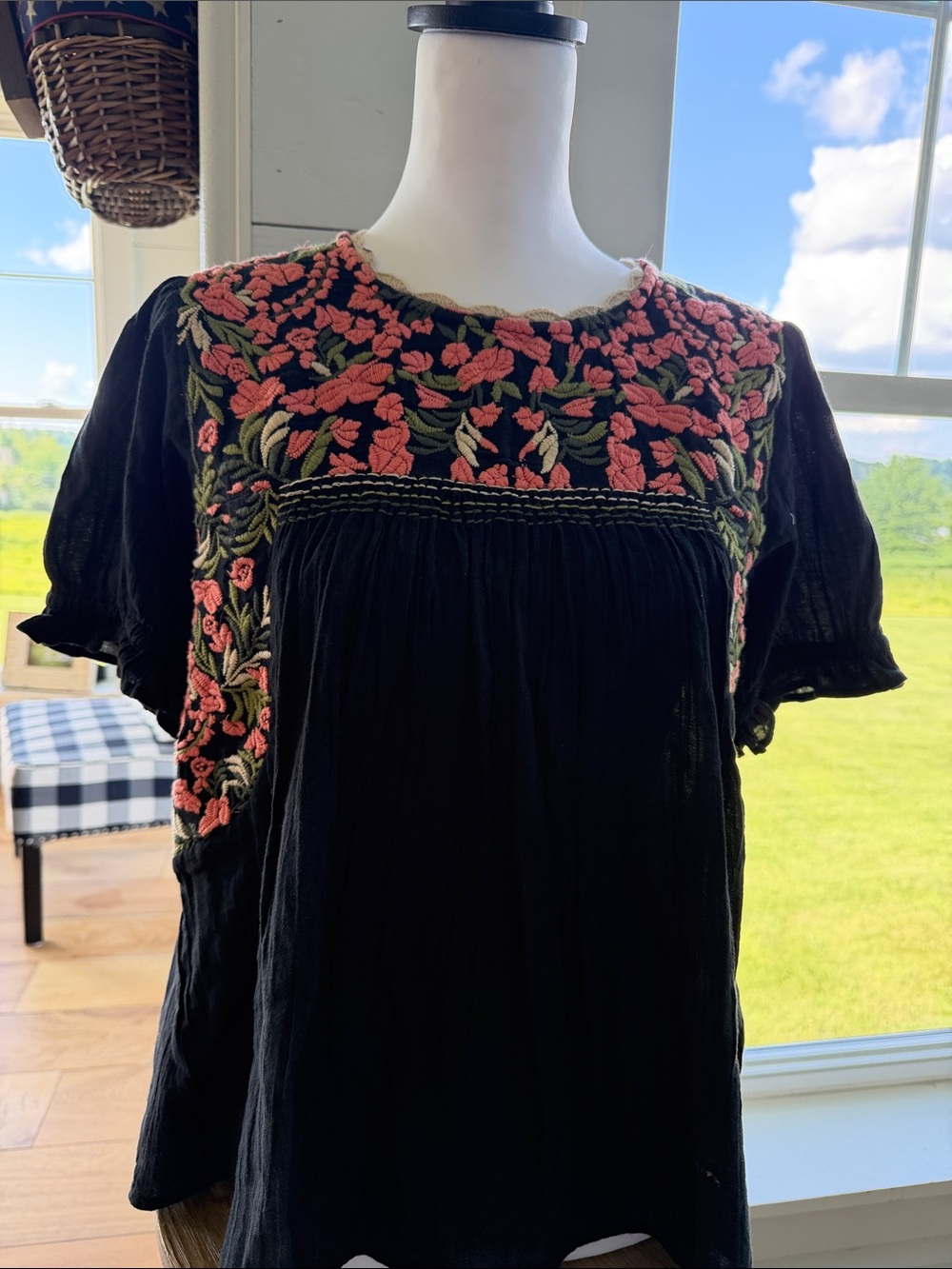 Navy  Embroidered Floral Boho Top with Coral and Olive Accents